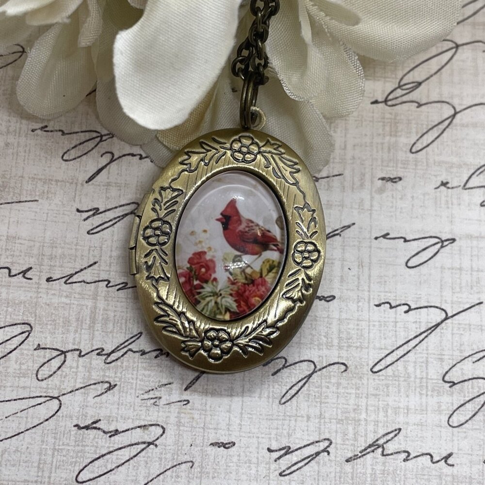 Bronze Red Bird Cardinal Memorial Jewelry Locket Necklace Pendant Wedding New - Picture 2 of 9